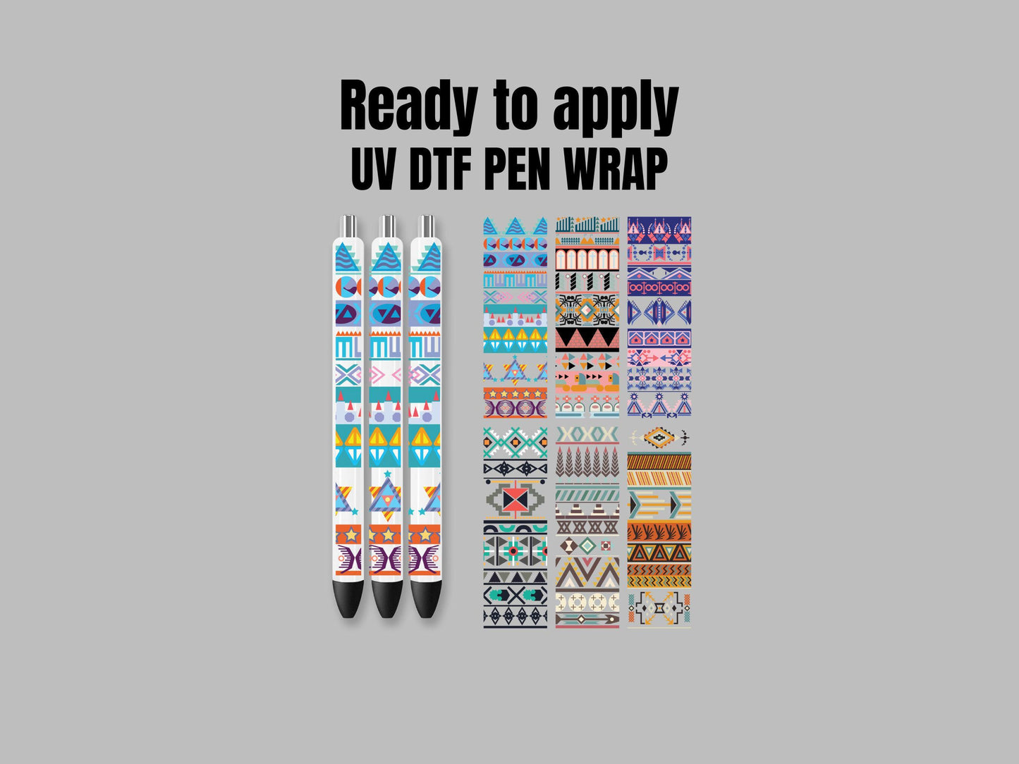 UV DTF Pen Wrap Ready To Apply Aztek Bundle of 6 Uv Dtf Pen wraps with transparent background. #8028