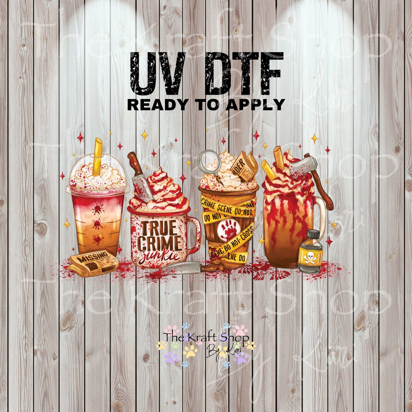 UV DTF Sticker print. True Crime coffee wrap decals tumbler decal. Glass can wrap. #5344