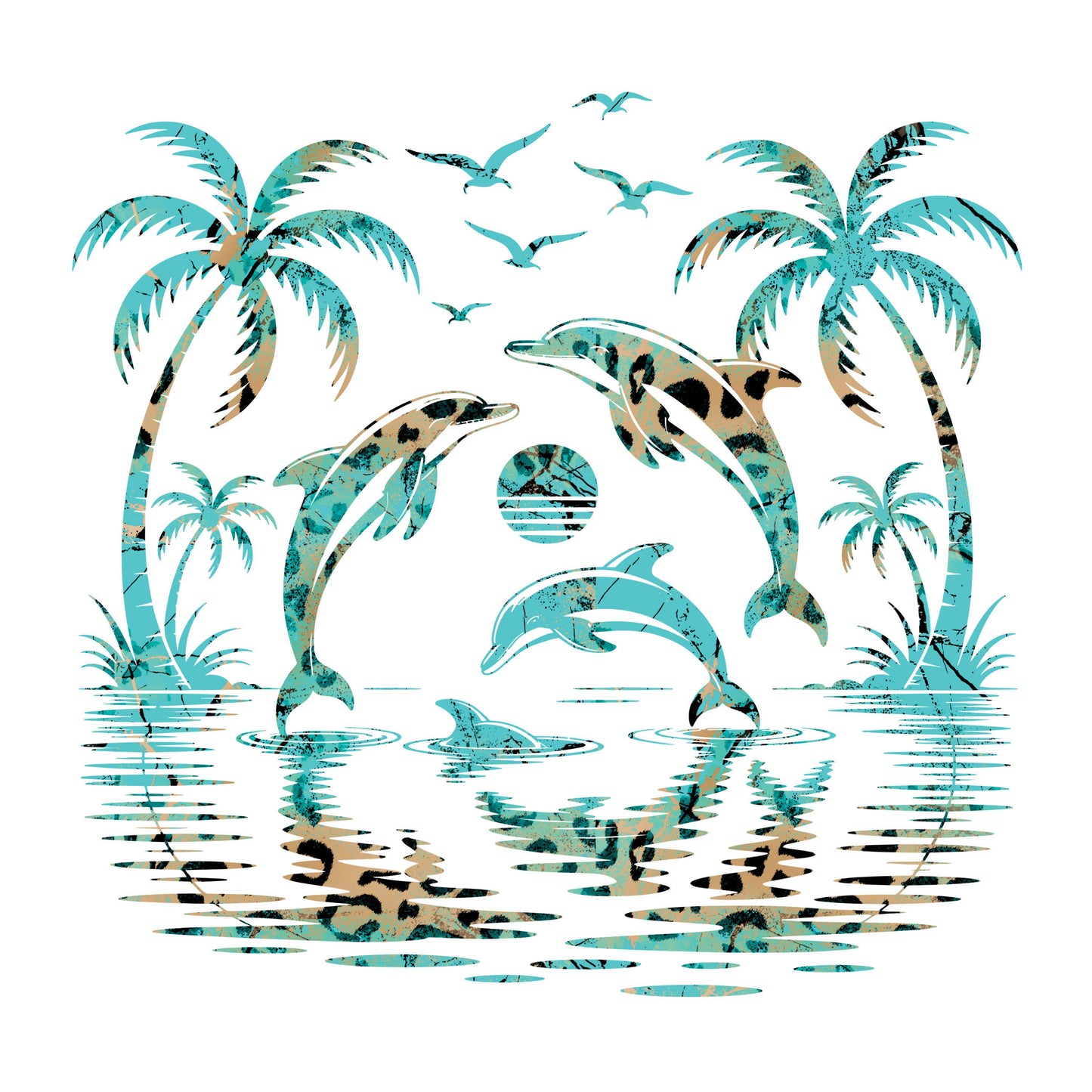UV DTF Sticker print. Dolphins sunset in black or teal leopard wrap decals tumbler decal. Glass can wrap. #5346