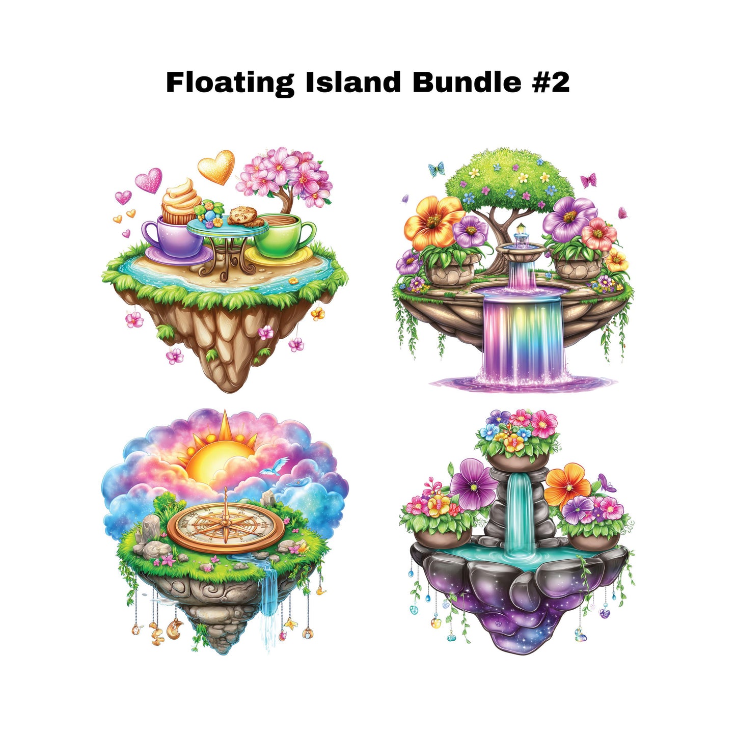 UV DTF Sticker prints. Floating Islands of flowers and rocks bundle of 4 decals with flowers, permanent sticker.#10286
