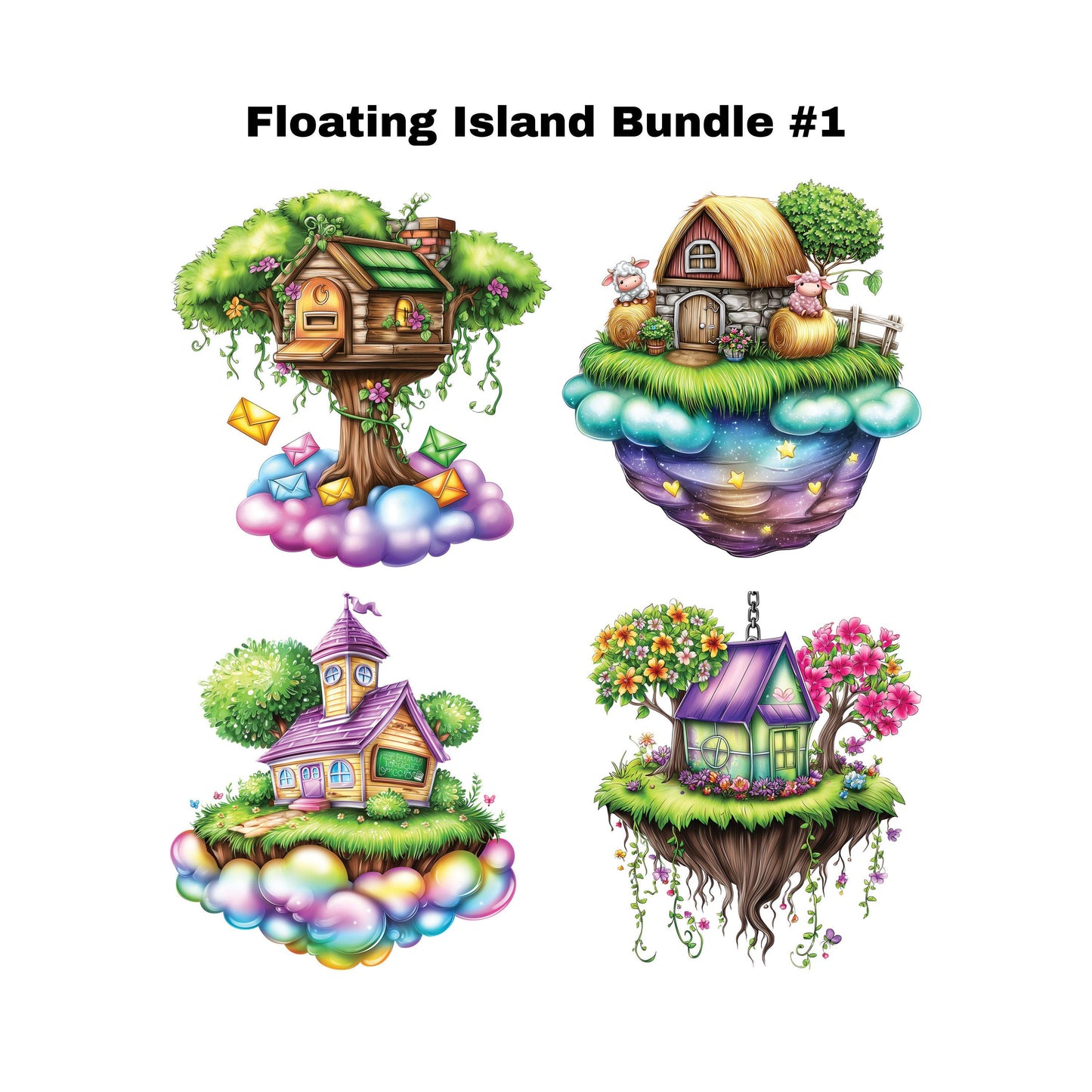UV DTF Sticker prints. Floating Islands of flowers and rocks bundle of 4 decals with flowers, permanent sticker.#10286