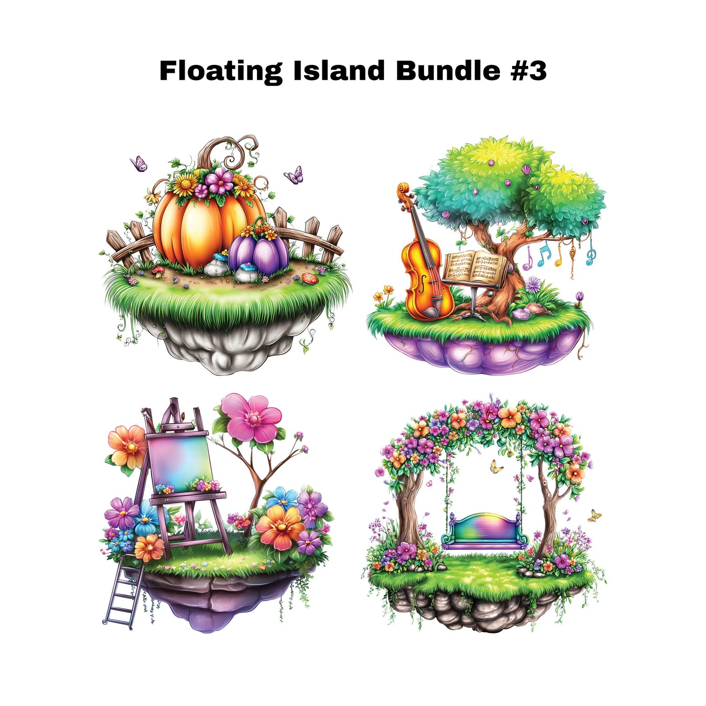 UV DTF Sticker prints. Floating Islands of flowers and rocks bundle of 4 decals with flowers, permanent sticker.#10286