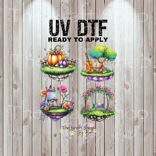 UV DTF Sticker prints. Floating Islands of flowers and rocks bundle of 4 decals with flowers, permanent sticker.#10286