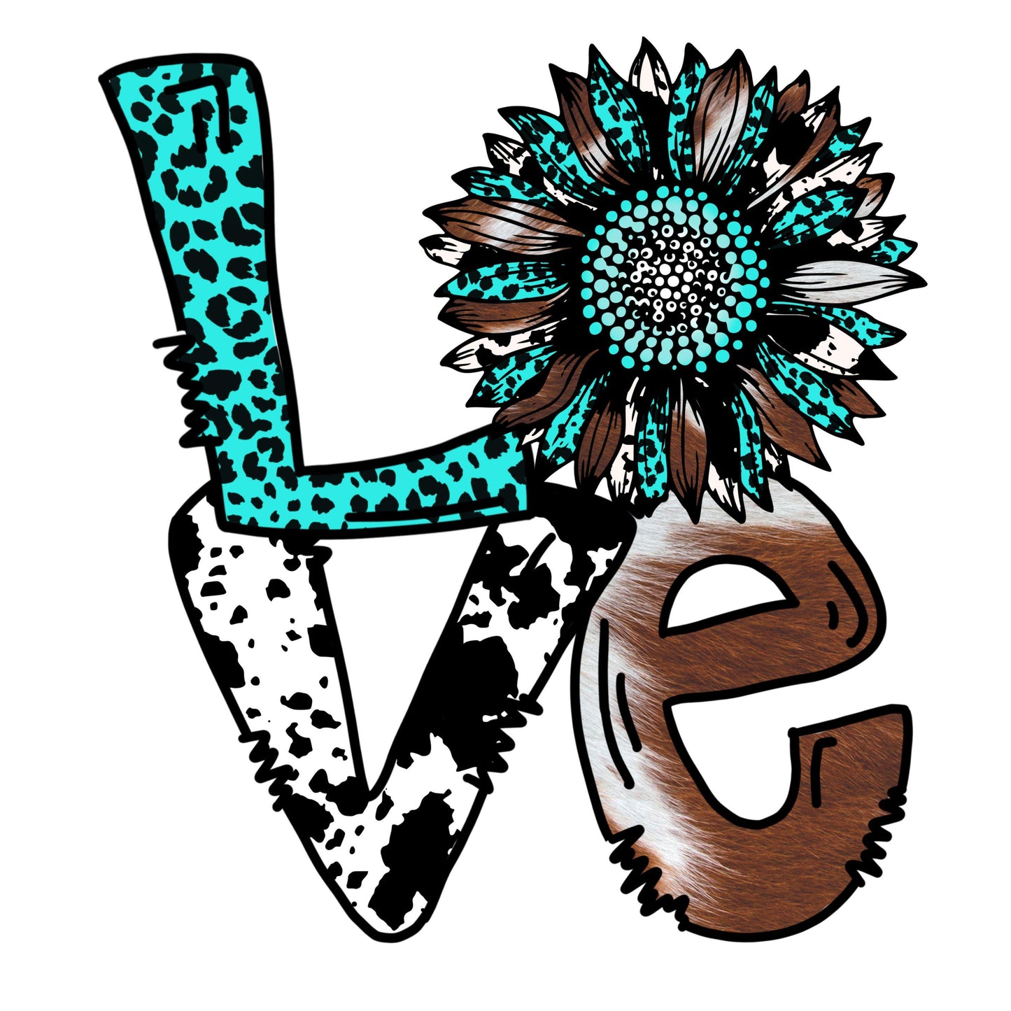 UV DTF Sticker print. Love cowhide teal sunflower decal, tumbler decal, permanent sticker. #2040