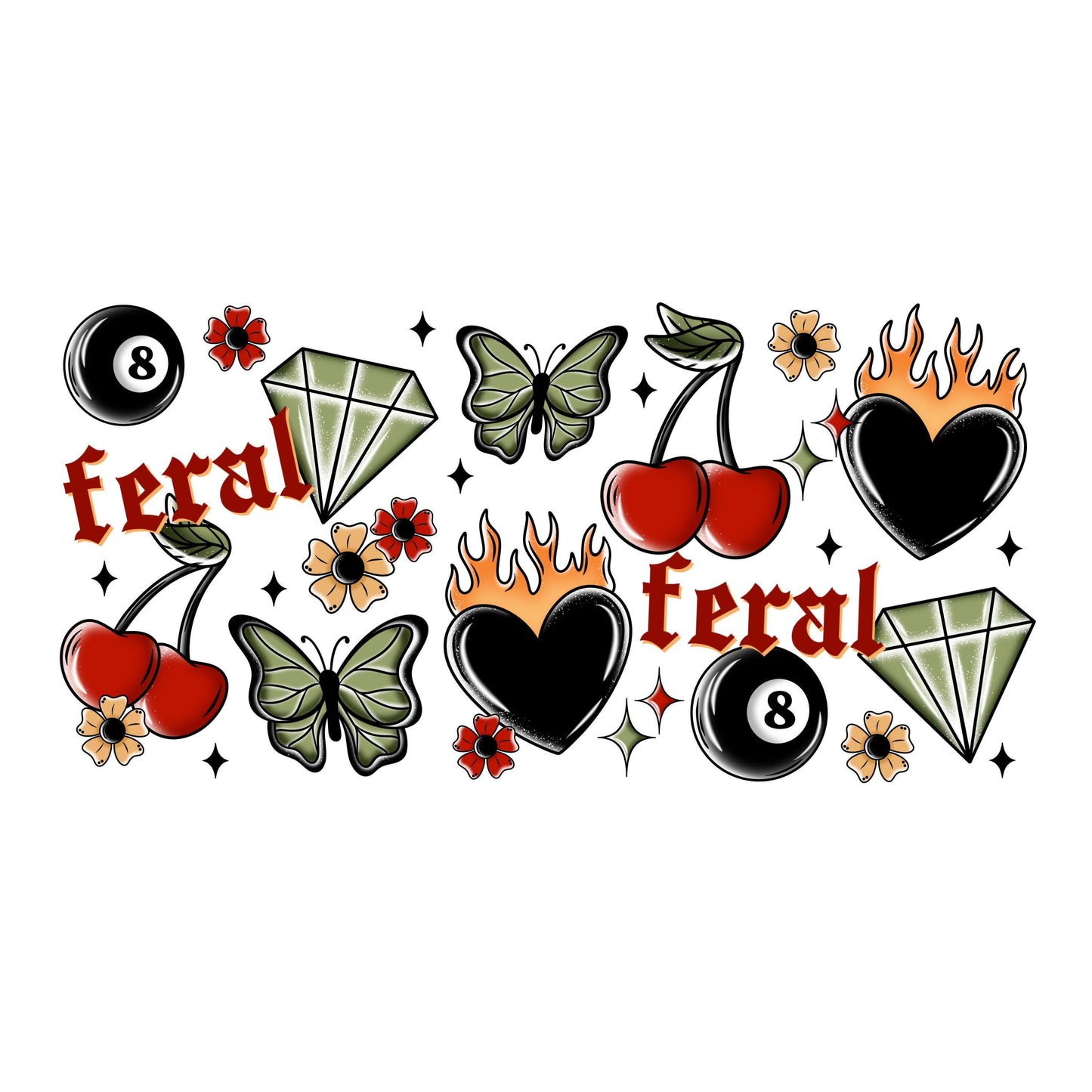 UV DTF Sticker print. Feral Tattoo eight ball wrap decal, tumbler decal, permanent sticker. UV wrap for glass can tumbler. #5352