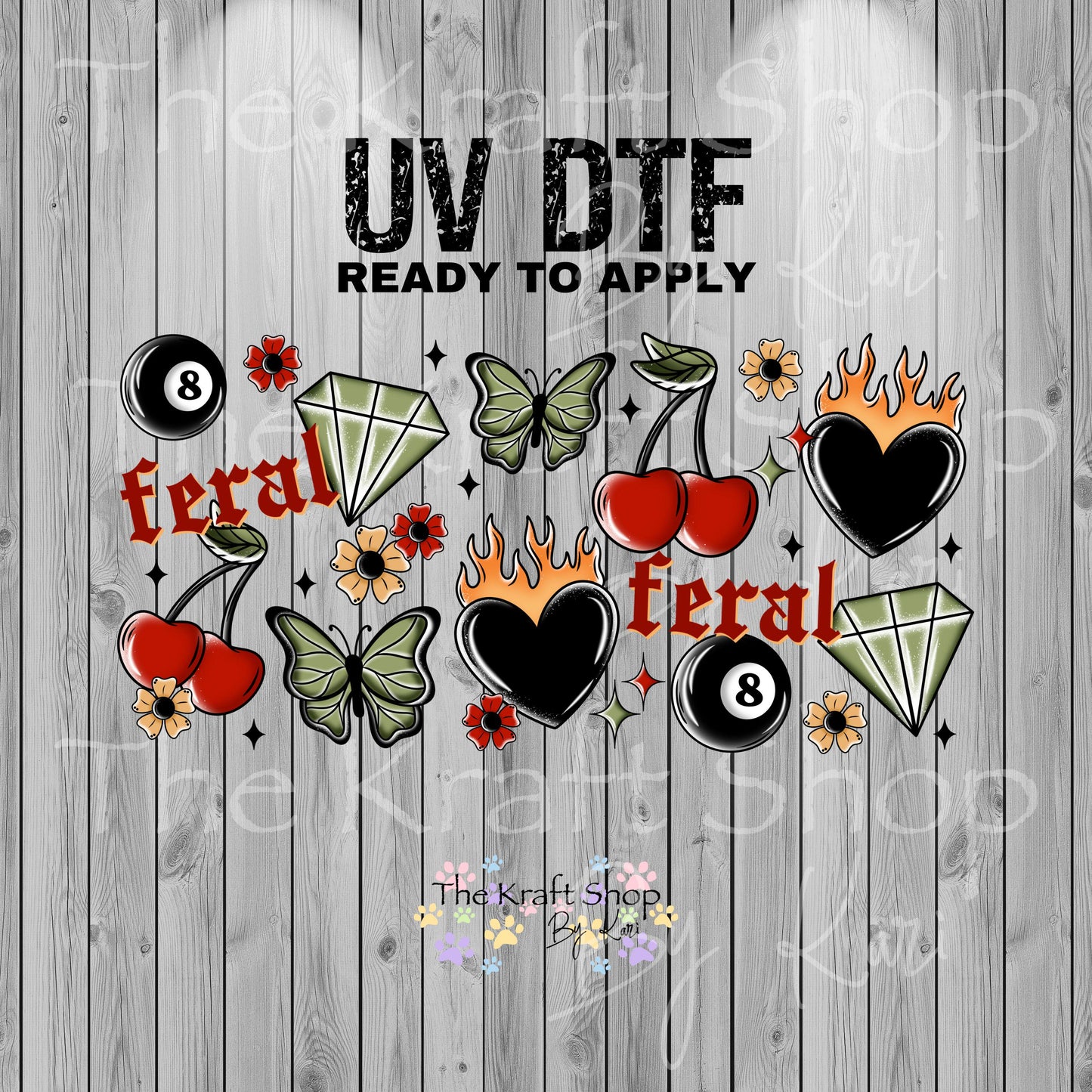 UV DTF Sticker print. Feral Tattoo eight ball wrap decal, tumbler decal, permanent sticker. UV wrap for glass can tumbler. #5352