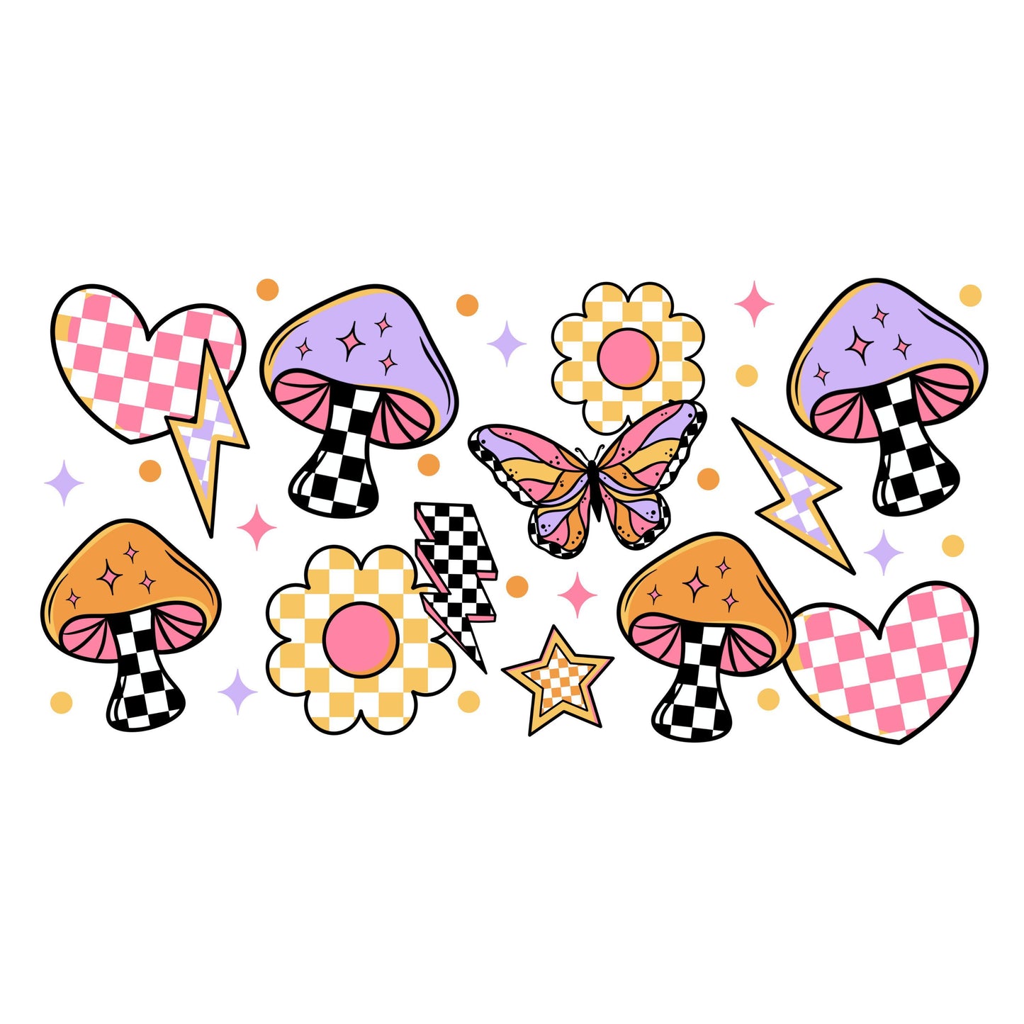 UV DTF Sticker print. Retro mushroom lightening bolt wrap for glass can wrap decal, tumbler decal, permanent sticker. #5373