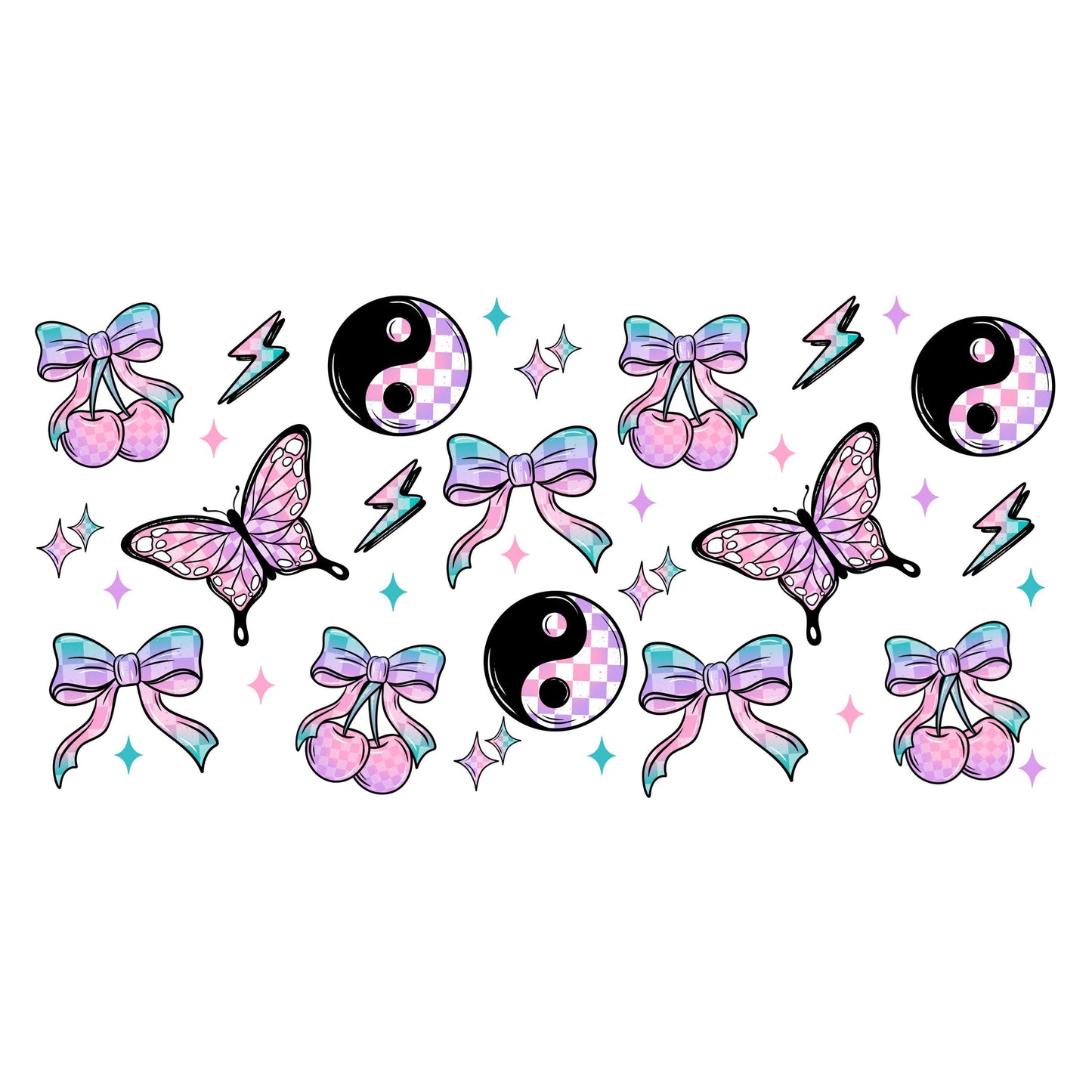 UV DTF Sticker print. GIrly Retro cherry Ying yang butterflies for glass can wrap decal, tumbler decal, permanent sticker. #5376