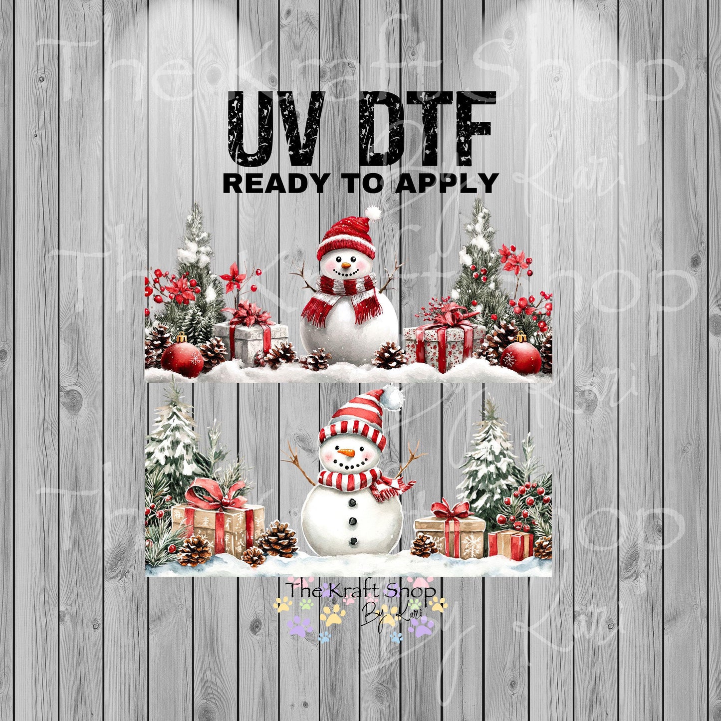 UV DTF Sticker print. Snowman Christmas 2 pk for glass can wrap decal, tumbler decal, permanent sticker. #5378