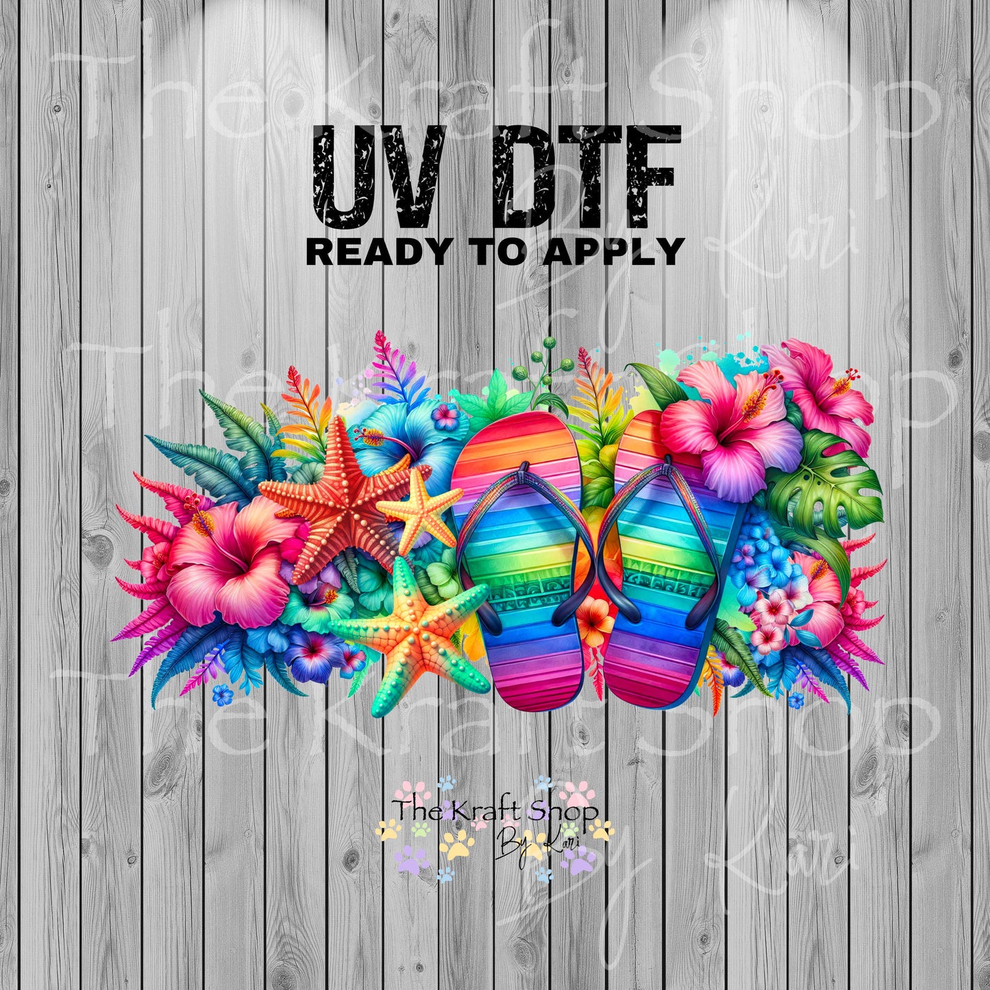 UV DTF Sticker print. Flip flops and starfish glass can wrap decal, tumbler decal, permanent sticker. #5403