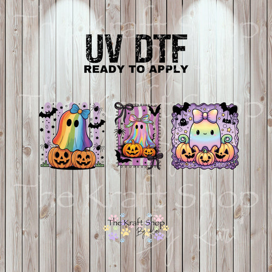 UV DTF Sticker print Purple Halloween 3 pk rainbow and Iridescent ghosts Halloween decal, tumbler decal, permanent sticker. #7365