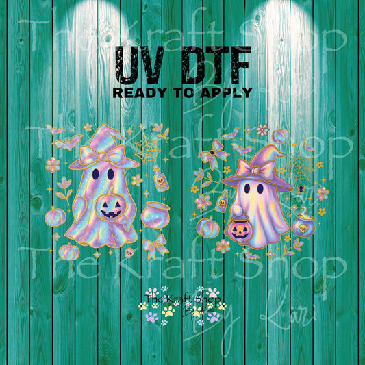 UV DTF Sticker print Iridescent flower ghost 2 pk Halloween decal, tumbler decal, permanent sticker. #7367
