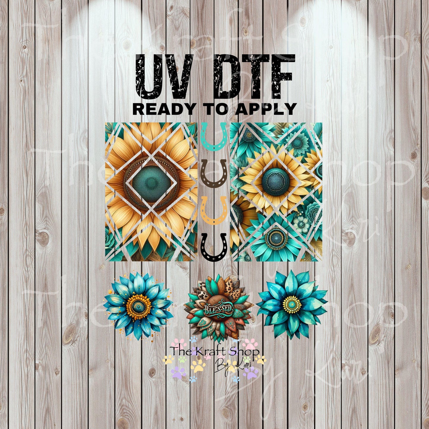 UV DTF Sticker print. Teal sunflowers templates and horsehoes western collage element bundle of decals, tumbler decal. #2037