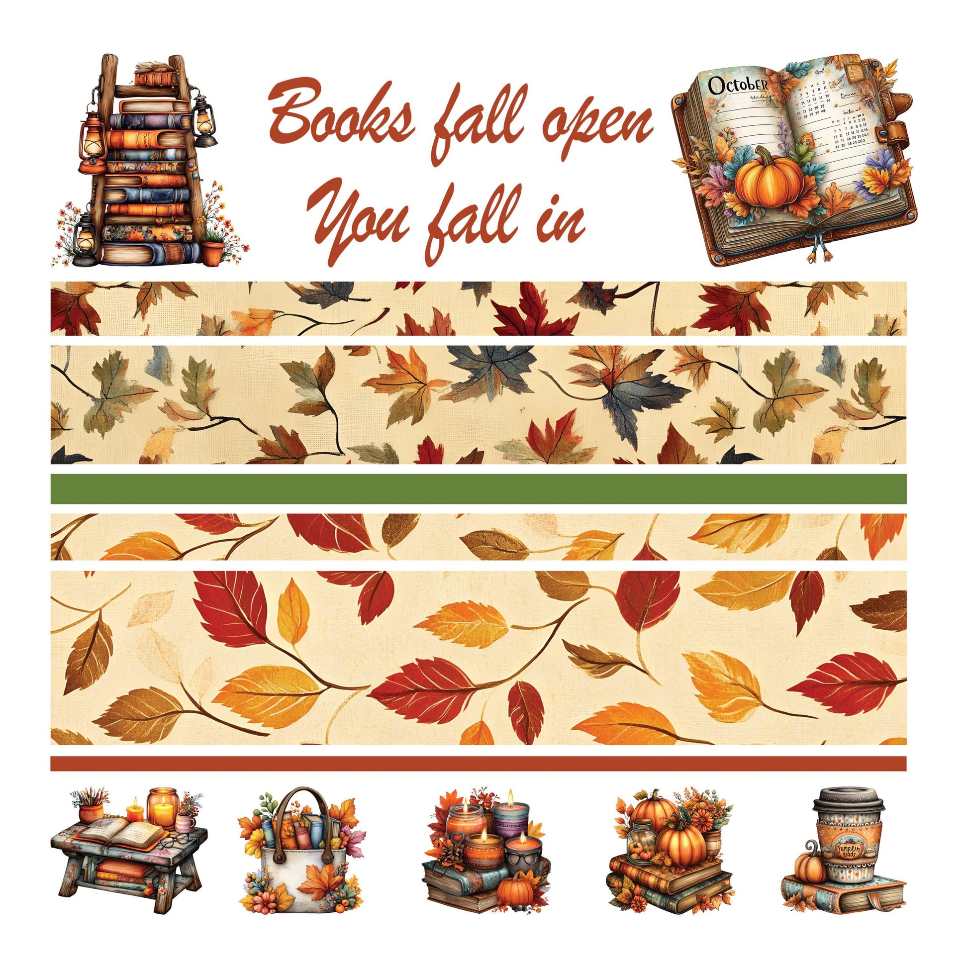 UV DTF Sticker prints. Books fall open you fall in band element sheet bundle decal, permanent sticker. #7378