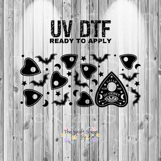 UV DTF Sticker print. Hello goodbye wrap with bats and planchette tumbler decal. #5416