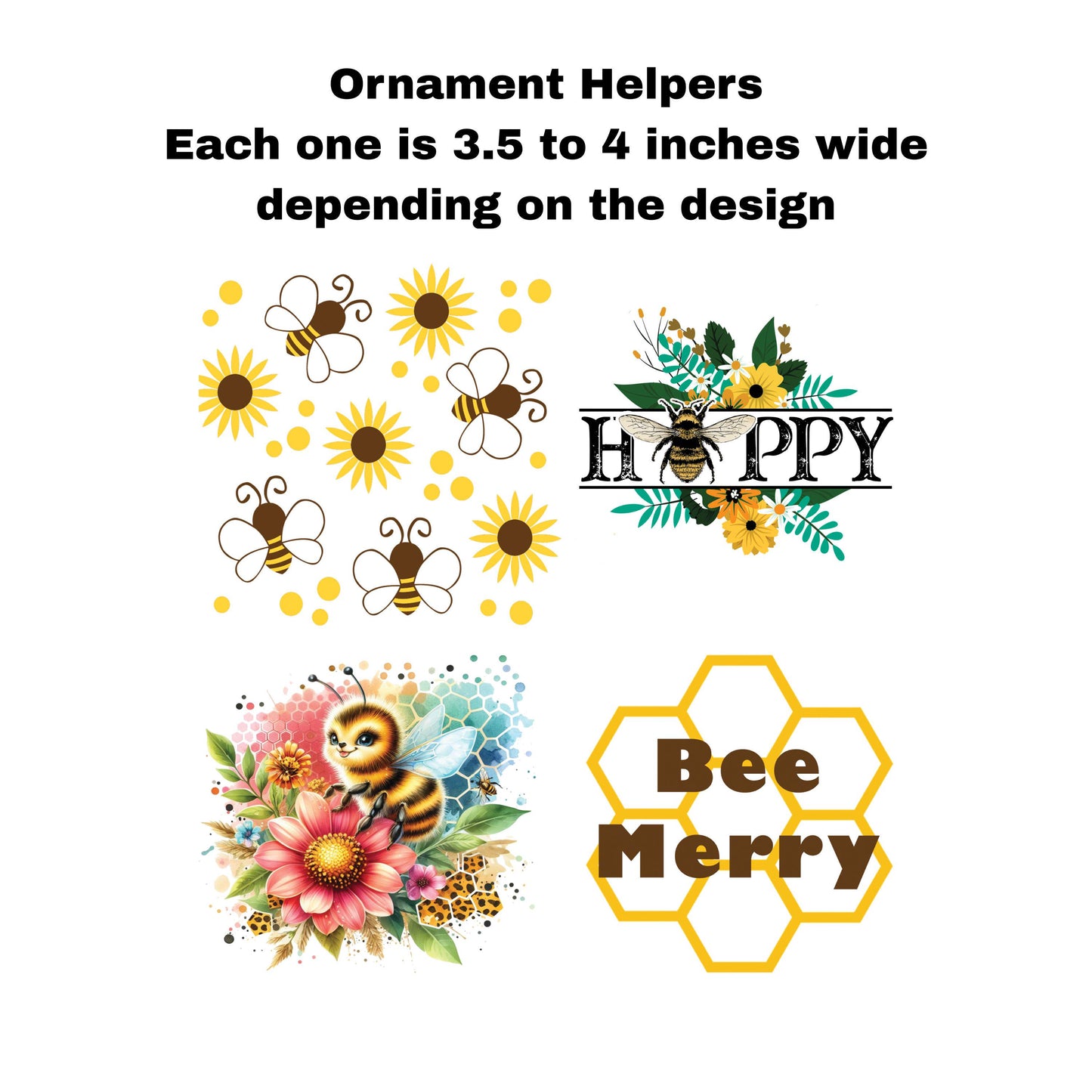 UV DTF Sticker print. Ornament Helpers Bee Set of 4 decals, tumbler decal. #7384