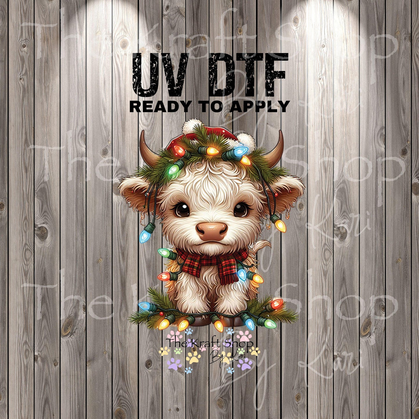 UV DTF Sticker print Christmas Highland Light Cow decal, tumbler decal, permanent sticker. Uv wrap for glass can tumbler. #7385