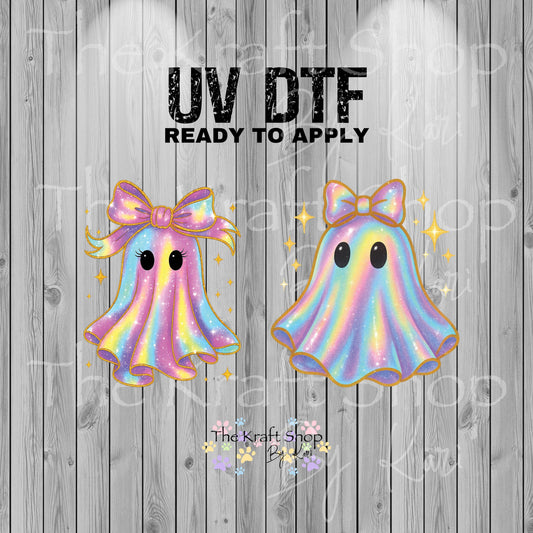 UV DTF Sticker print Iridescent bow ghost 2 pk Halloween decal, tumbler decal, permanent sticker. #7370