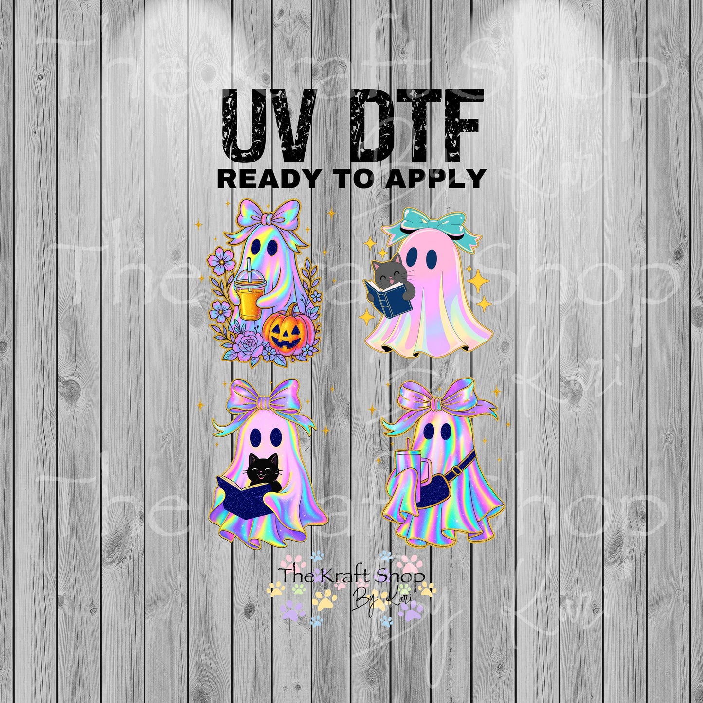UV DTF Sticker prints. Iridescent 4 pk ghosts with cat Halloween bundle of 4 decals, permanent sticker.#7371