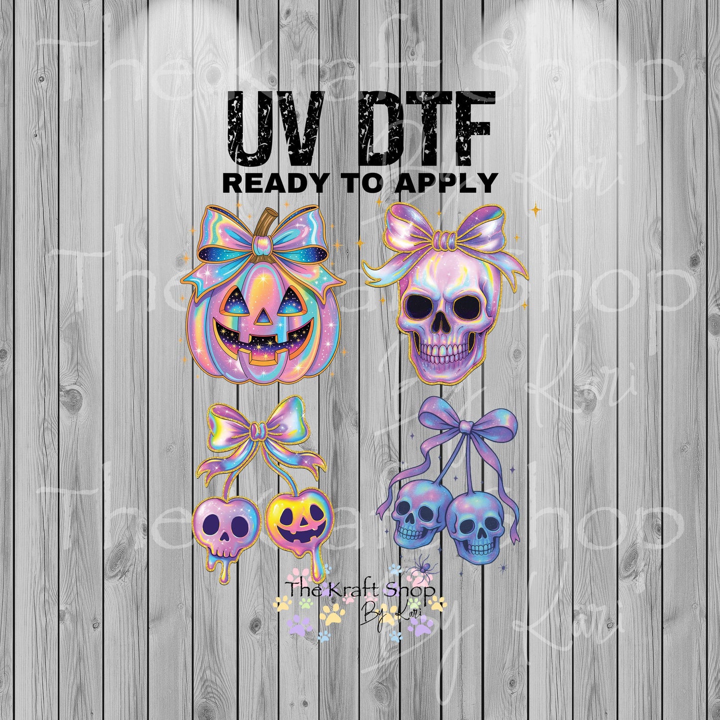 UV DTF Sticker prints. Iridescent skull pumpkin 4 pk Halloween bundle of 4 decals, permanent sticker.#7372