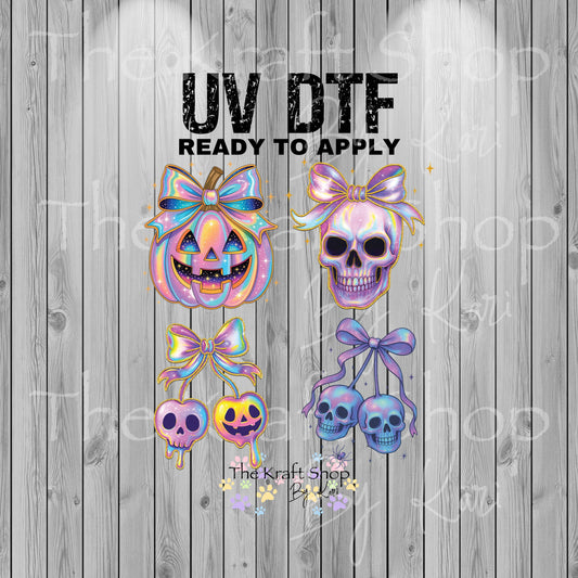 UV DTF Sticker prints. Iridescent skull pumpkin 4 pk Halloween bundle of 4 decals, permanent sticker.#7372