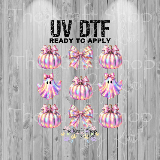 UV DTF Sticker print Iridescent pumpkins and bows Halloween decal, tumbler decal, permanent sticker. #7373