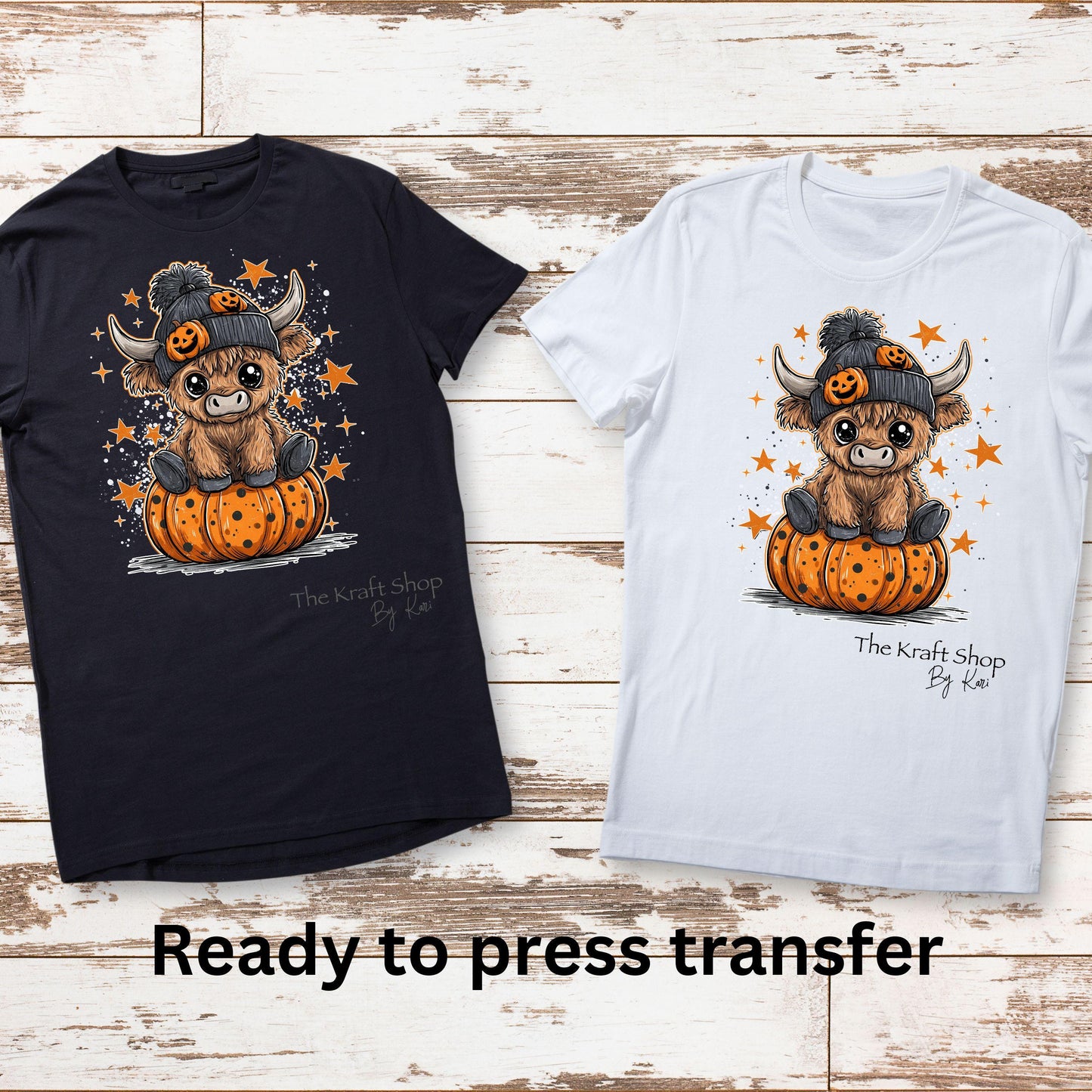 DTF ready to press transfer. Halloween Highland Cow in Pumpkin shirt image DTF Print #11514