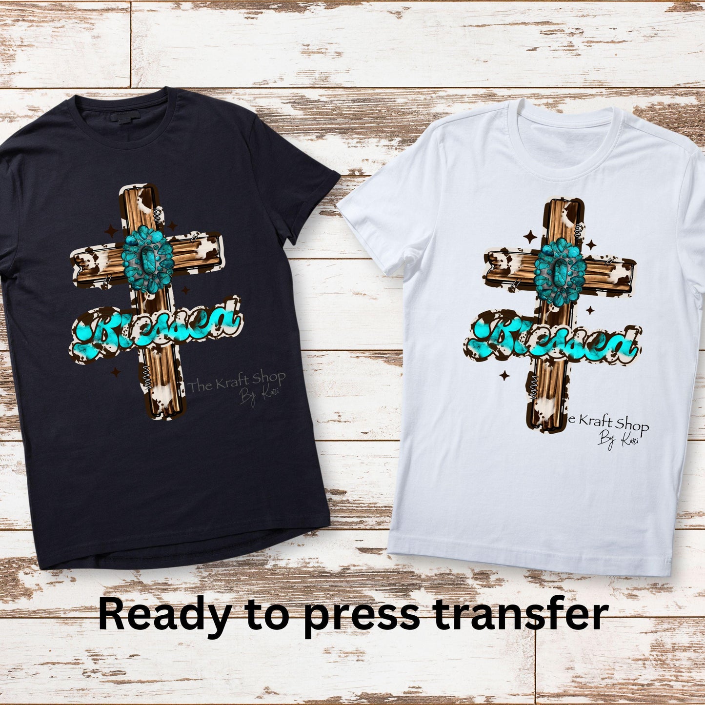 DTF ready to press transfer. Turquoise Cross Blessed shirt image DTF Print #11509