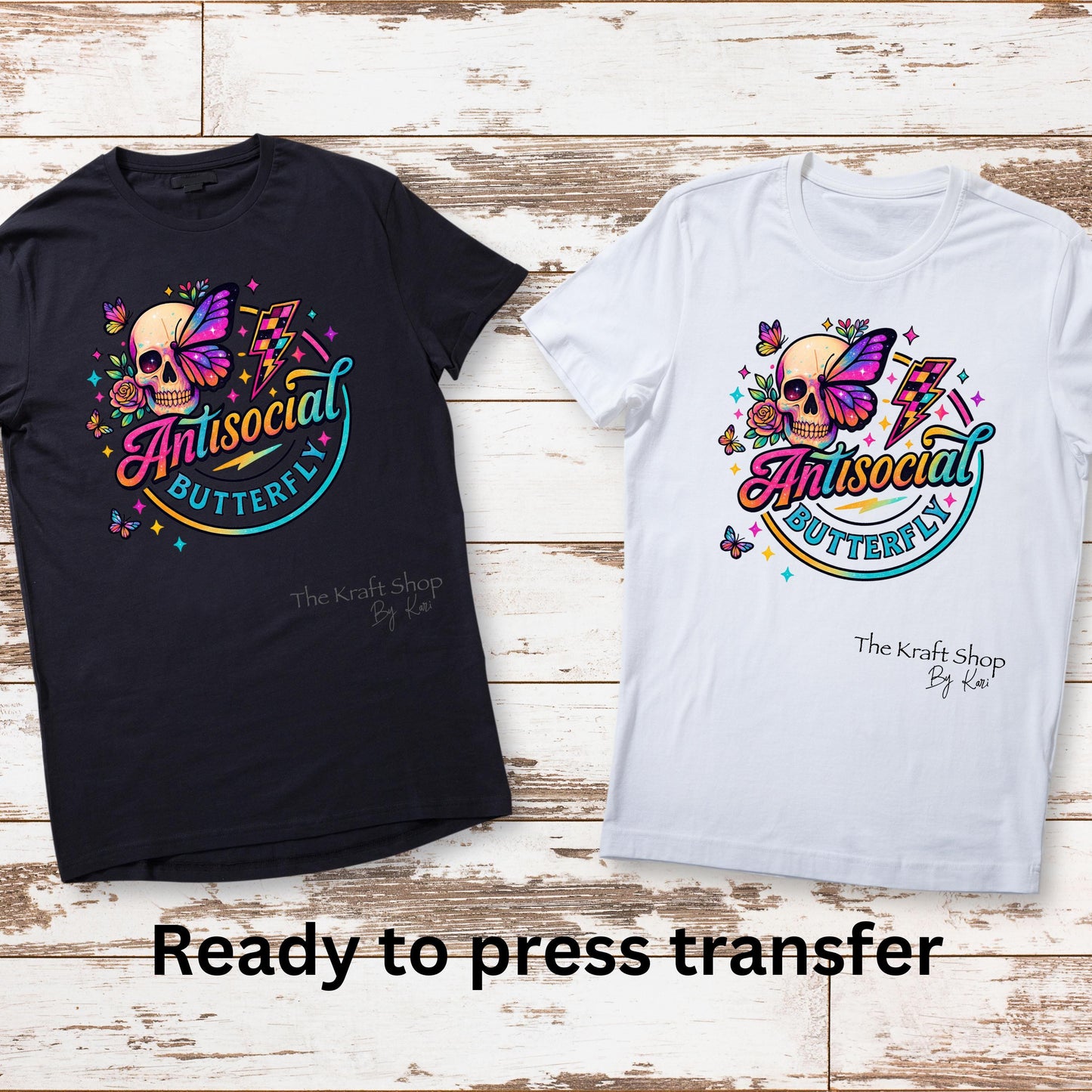 DTF ready to press transfer. Antisocial butterfly skeleton with checkered retro color lightening bolt #11529