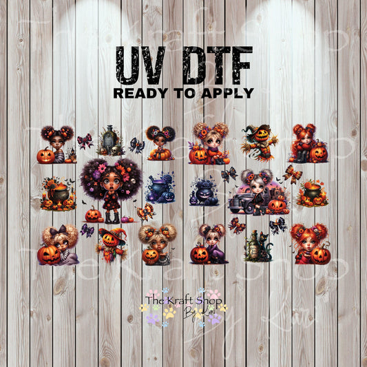 UV DTF Sticker print Cute girl Halloween Bundle Element sheet 8x8 decal, tumbler decal, permanent sticker. #7421