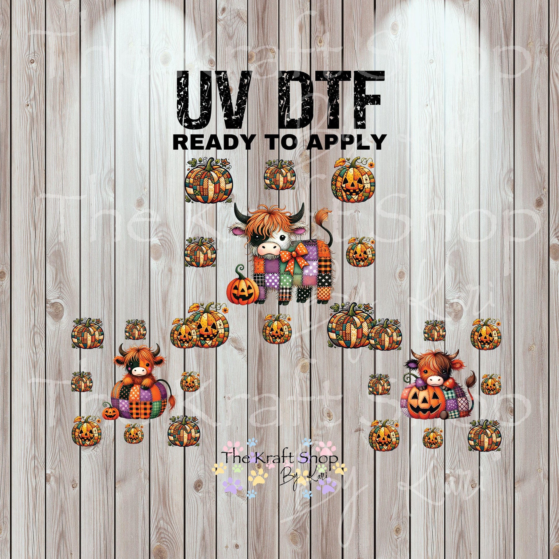 UV DTF Sticker print Patchwork Cow and Pumpkin Halloween Element sheet 8x8 decal, tumbler decal, permanent sticker. #7425