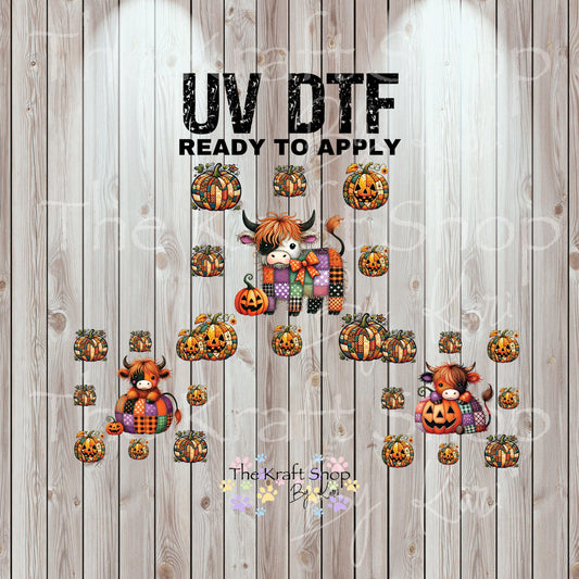 UV DTF Sticker print Patchwork Cow and Pumpkin Halloween Element sheet 8x8 decal, tumbler decal, permanent sticker. #7425