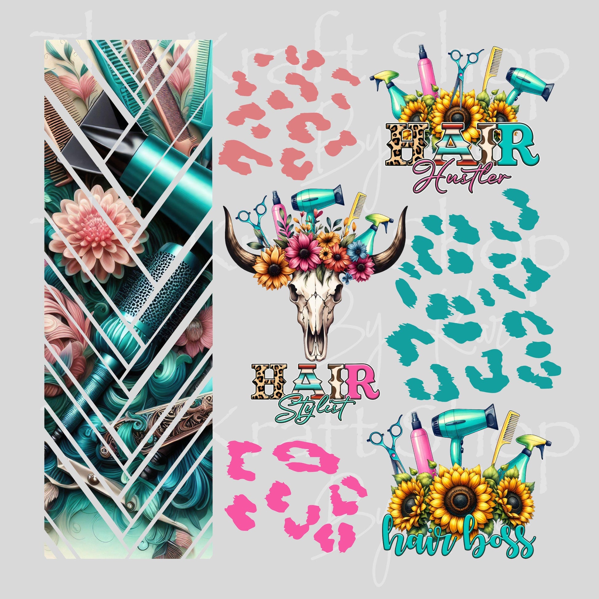 UV DTF Sticker prints. Hairstylist herringbone sheet band element sheet mixed media hot mess herringbone design bundle decal #4571