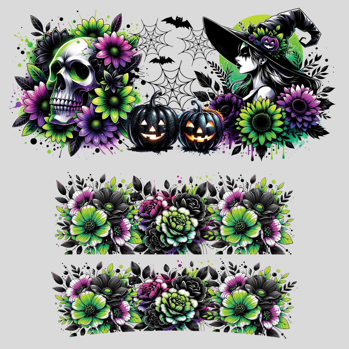 UV DTF 40 oz ready to apply Witch Skull Halloween bright green. Permanent sticker. UV wrap quencher #3167
