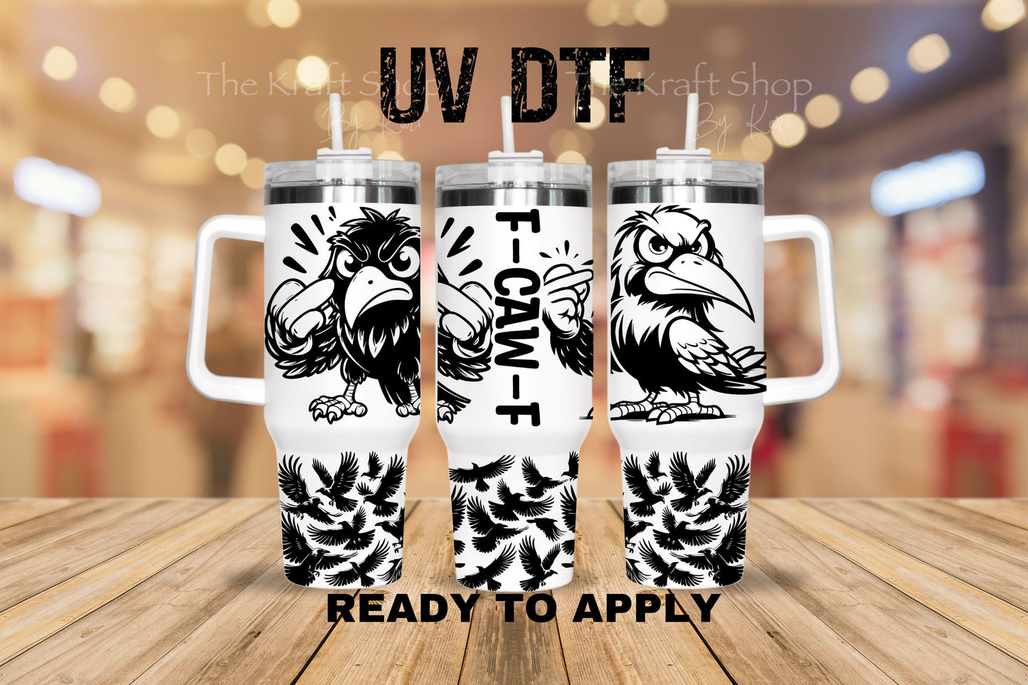 UV DTF 40 oz ready to apply F-caw-F crow with middle finger. Permanent sticker. UV wrap quencher #3170