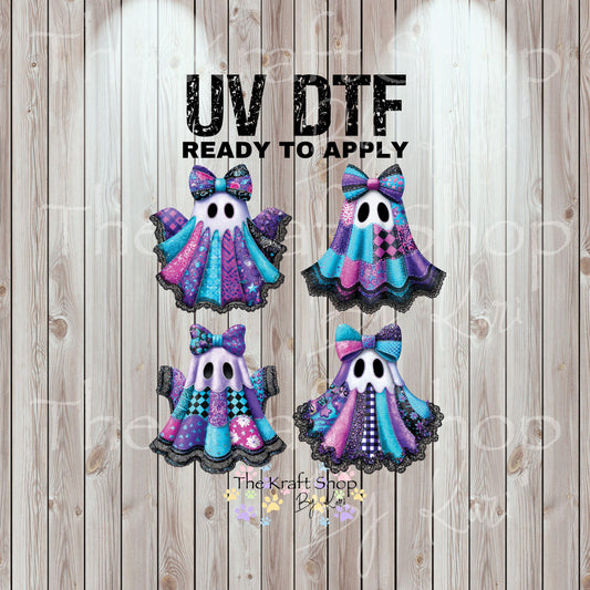 UV DTF Sticker prints. Lace Patchwork Ghost 4 pk Halloween bundle of 4 decals, permanent sticker.#7428