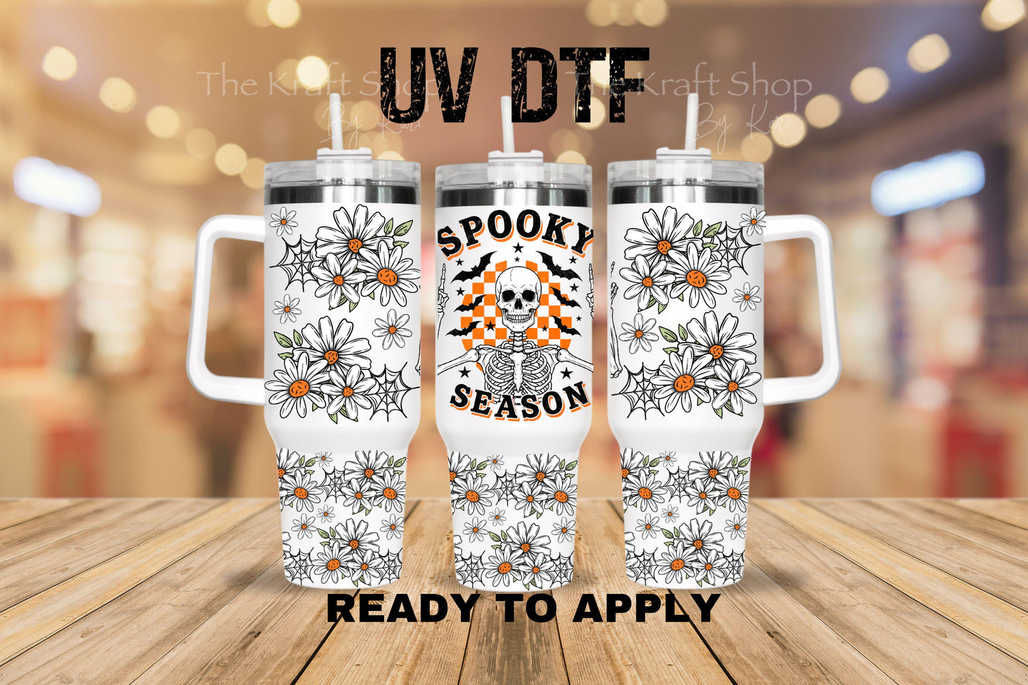 UV DTF 40 oz ready to apply Spooky Season Skeleton with Daisy Retro Halloween. Permanent sticker. UV wrap quencher #3170