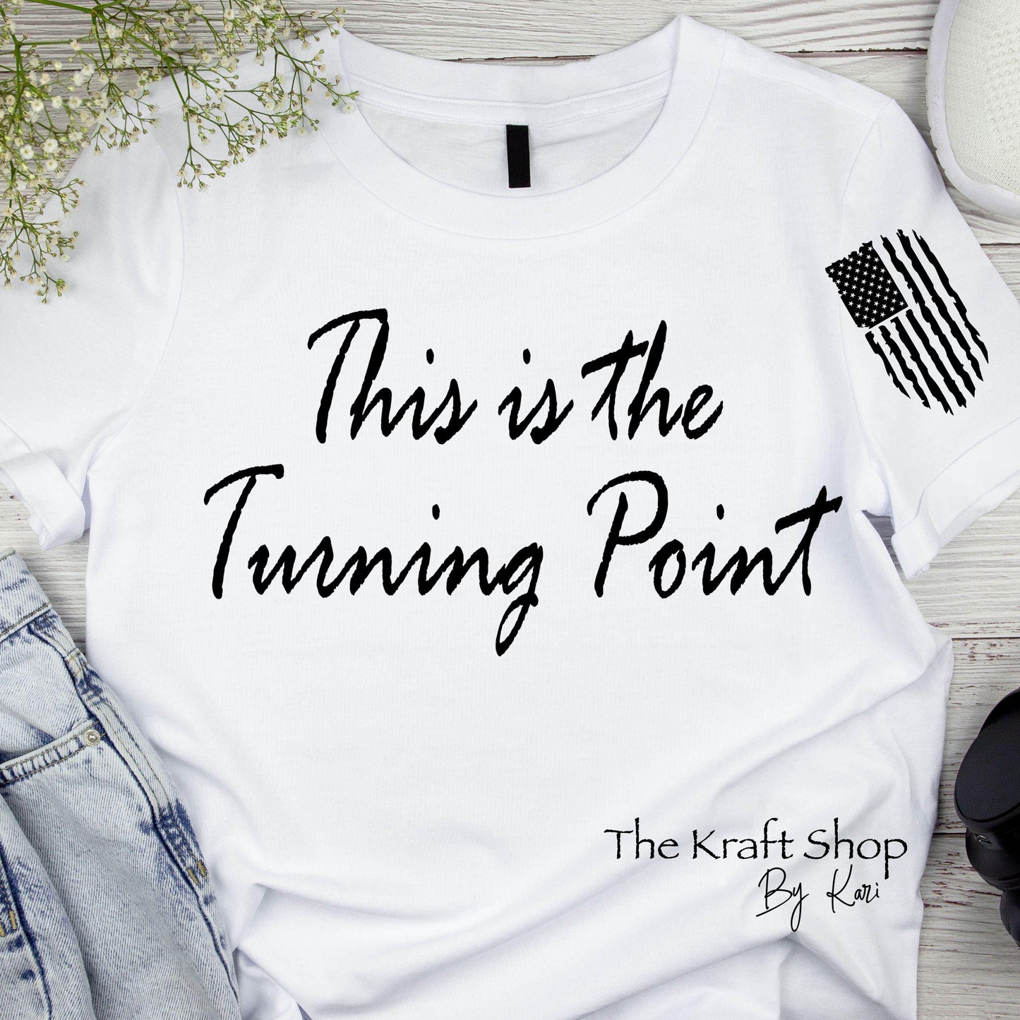 DTF ready to press transfer. This is the turning point with vertical tattered flag shirt transfer #11543
