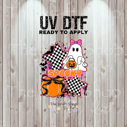 UV DTF Sticker prints. Retro checkered star ghost Halloween decal, permanent sticker. #7411