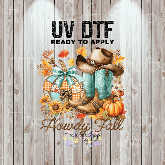 UV DTF Sticker prints. Howdy Fall with patchwork pumpkin and teal cowgirl boots decal, permanent sticker. UV wrap for tumbler. #7416