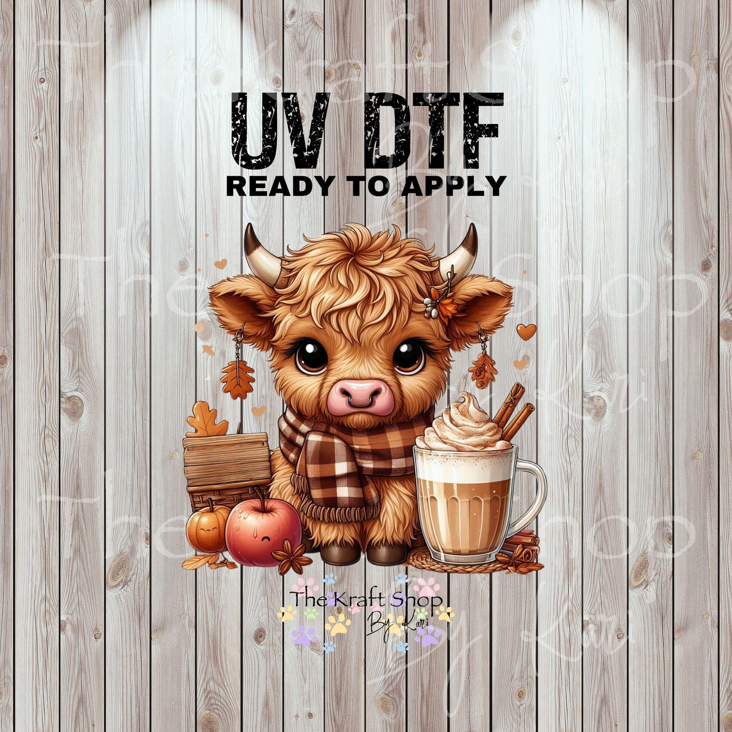 UV DTF Sticker prints. Fall highland cow with latte decal, permanent sticker. UV wrap for tumbler. #4563