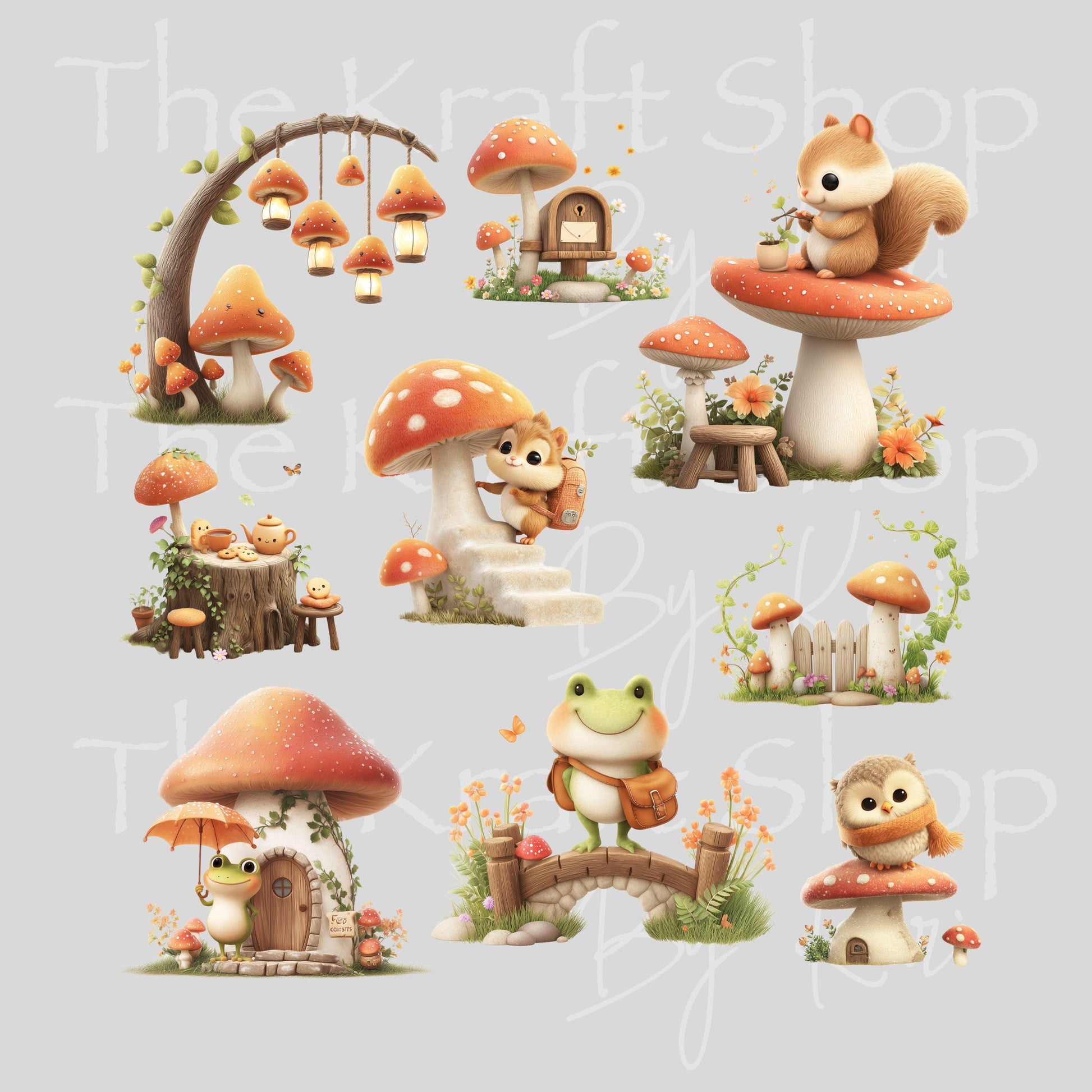 UV DTF Sticker print Baby squirrel and mushrooms Element sheet 8x8 decal, tumbler decal, permanent sticker. #10334