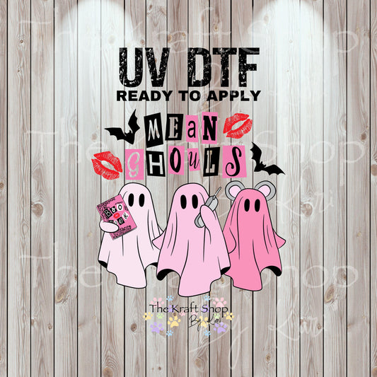 UV DTF Sticker prints. Mean Ghouls Pink Ghost decal, permanent sticker. UV wrap for tumbler. #7427