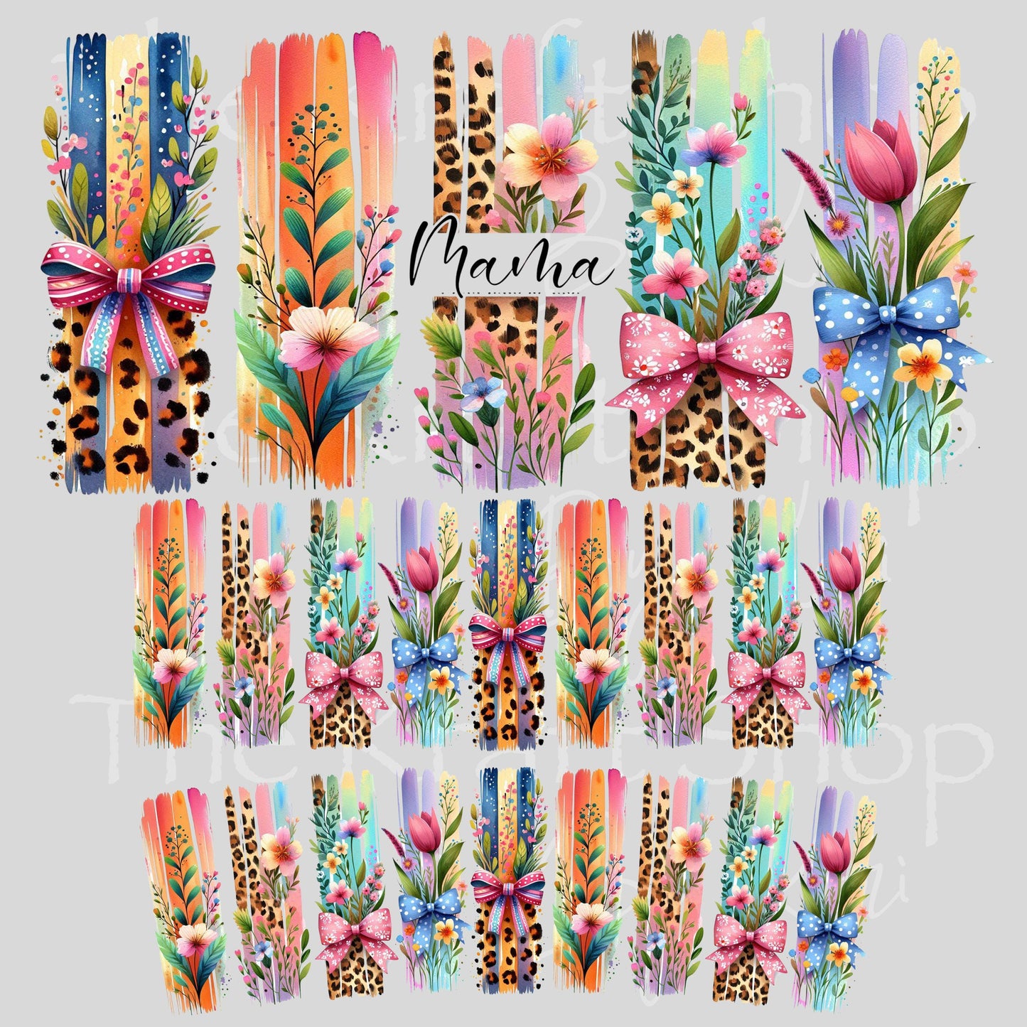 UV DTF 40 oz ready to apply Mama brush stroke with bows and flowers wrap UV wrap quencher #3186