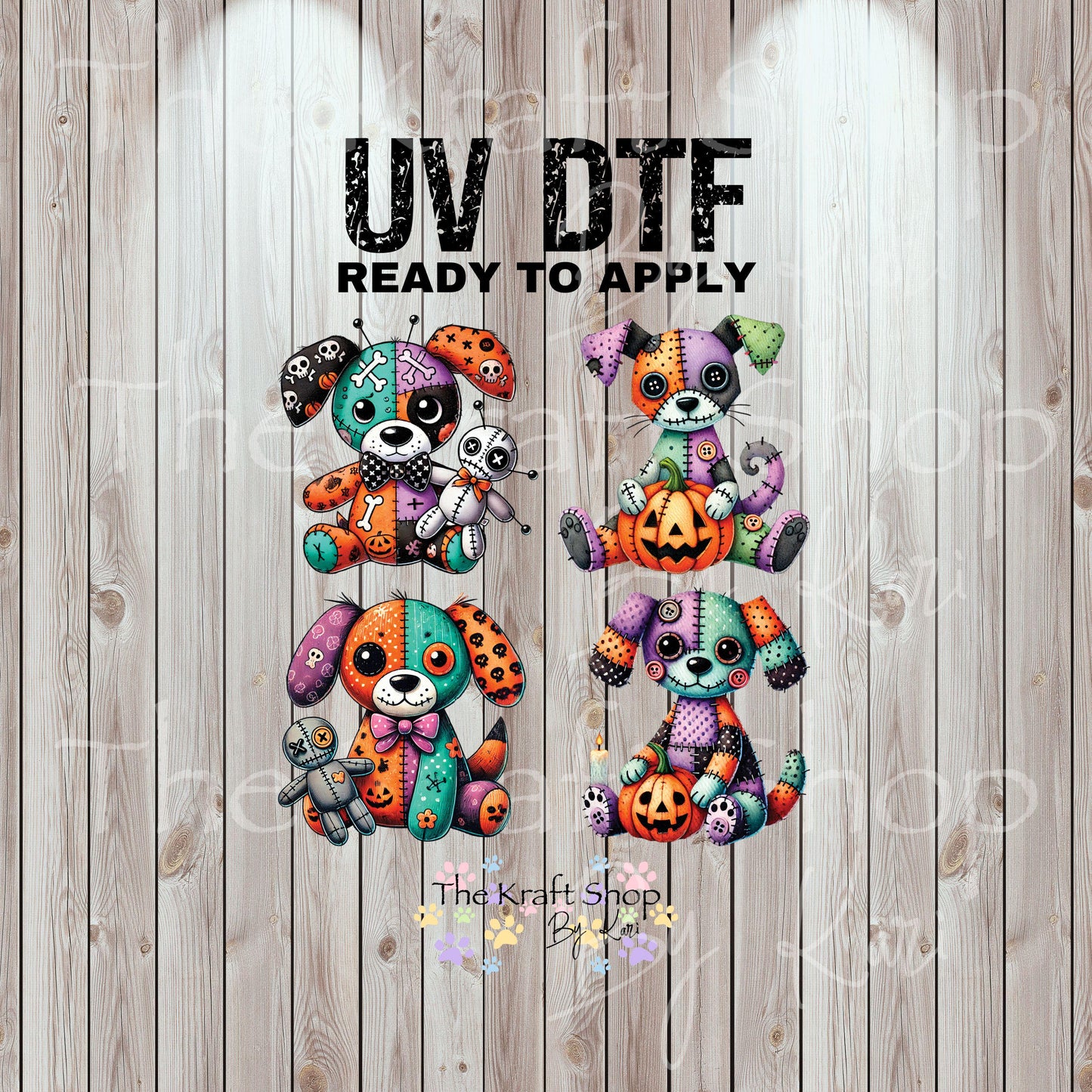 UV DTF Sticker prints. Patchwork Voodoo Dog Dolls 4 pk, permanent sticker.#7443