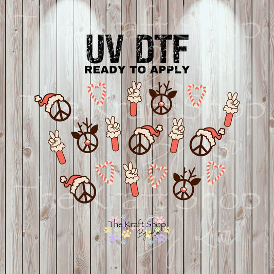 UV DTF Sticker print. Peace Christmas retro 24 oz tapered wrap or element sheet of decals for acrylic tumblers #5451