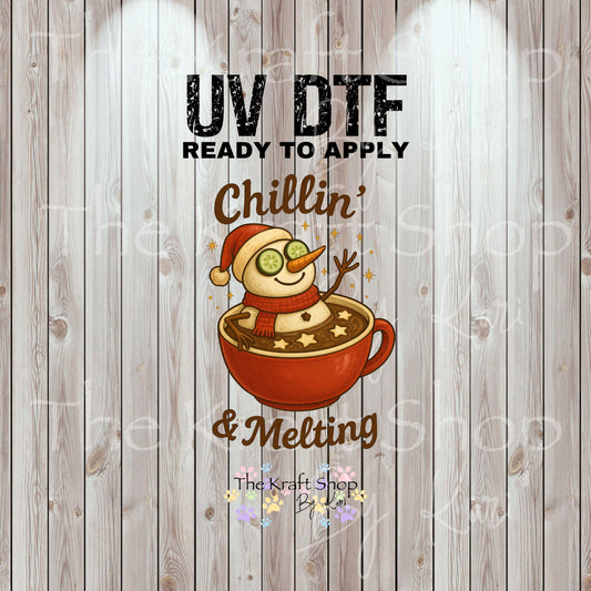 UV DTF Sticker print. Chillin' and melting snowman hot cocoa Christmas decal, tumbler decal, permanent sticker. #7455