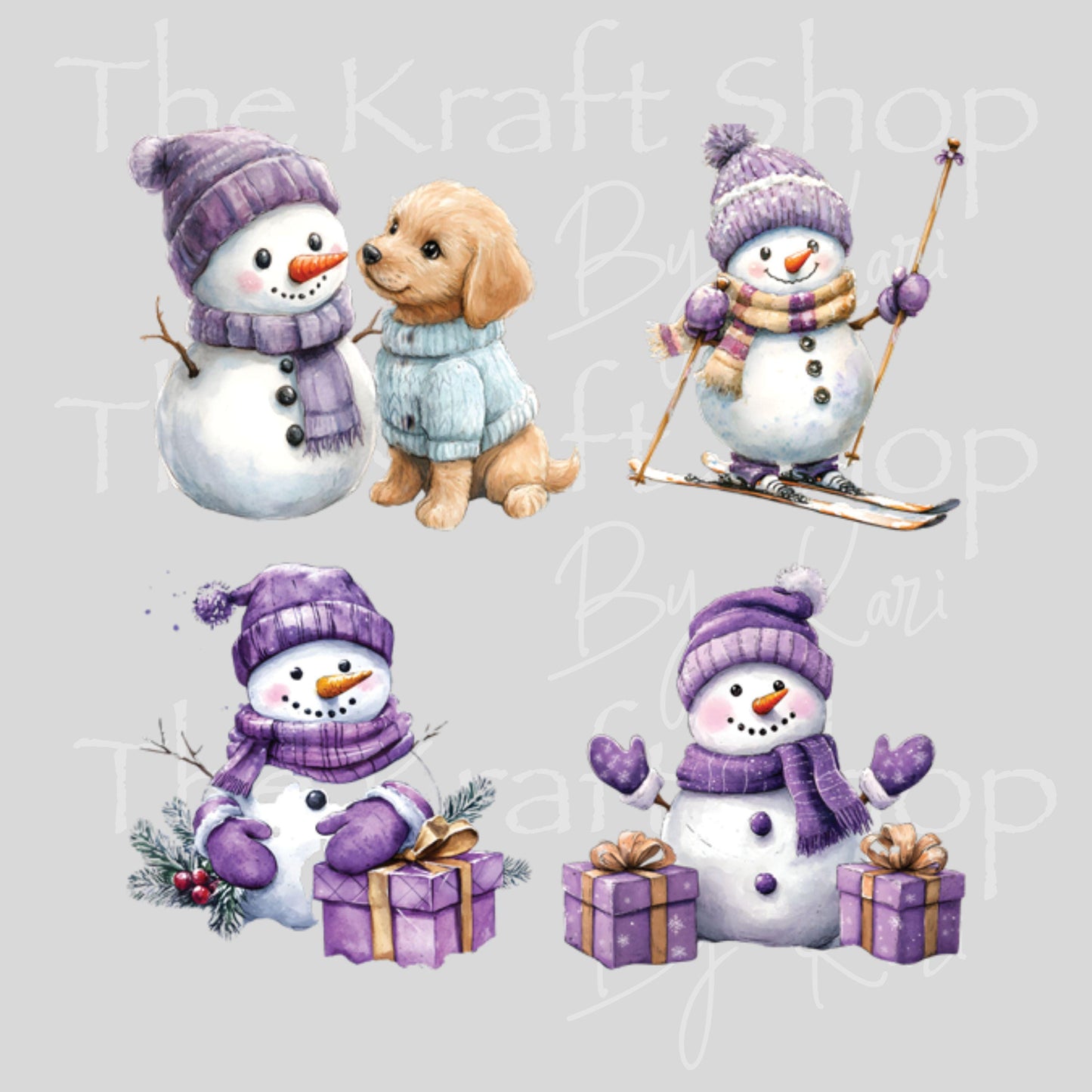 UV DTF Sticker prints. Purple Snowman Christmas decals 4 pk, permanent sticker.#7456