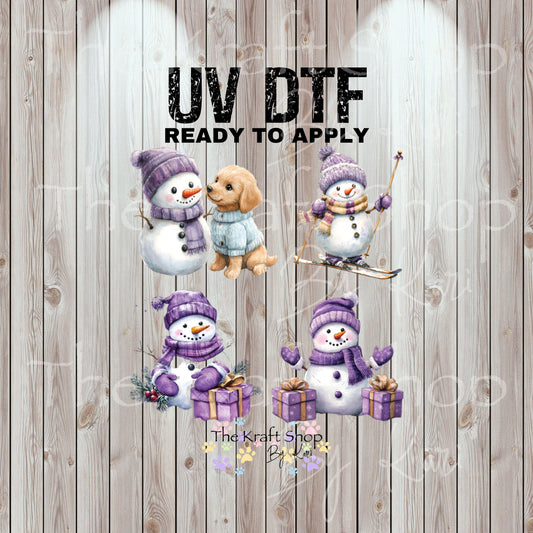 UV DTF Sticker prints. Purple Snowman Christmas decals 4 pk, permanent sticker.#7456
