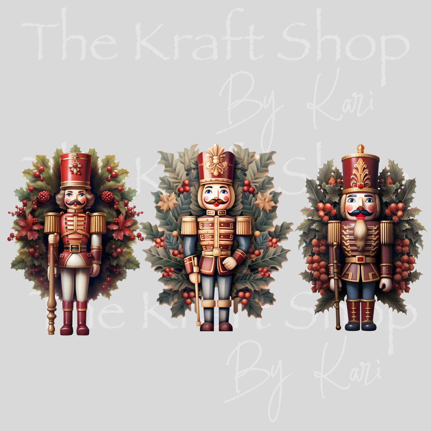 UV DTF Sticker prints. Nutcrackers with wreath Christmas decals 3 pk, permanent sticker.#7460